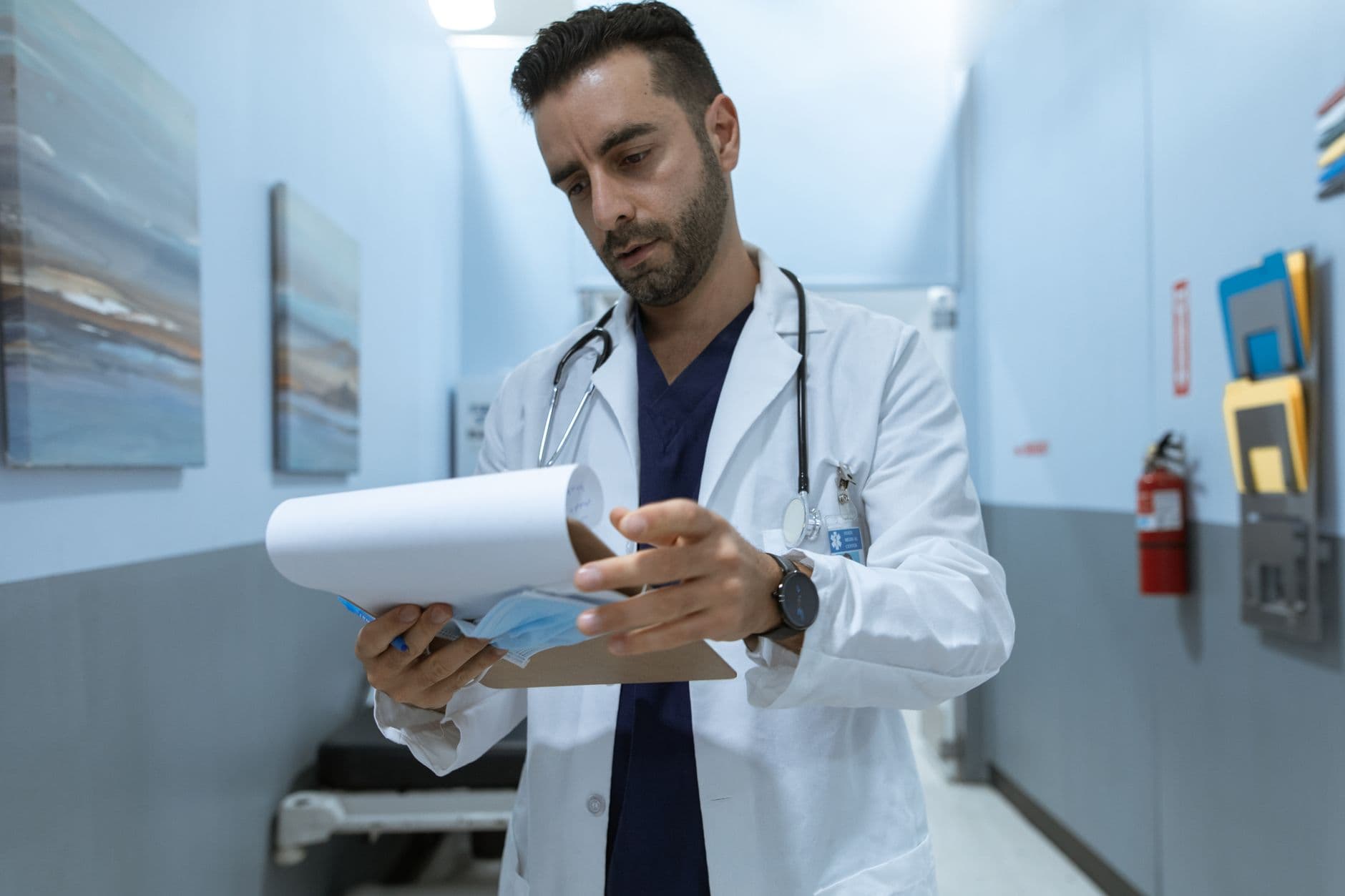 Doctor walking through a hospital hallway